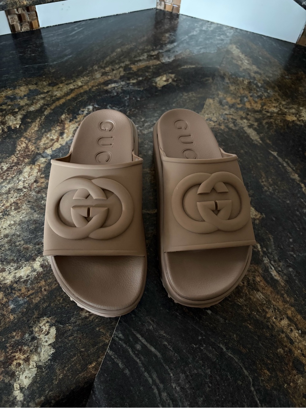 Gucci Tan Rubber Slide Sandals with Raised GG Logo